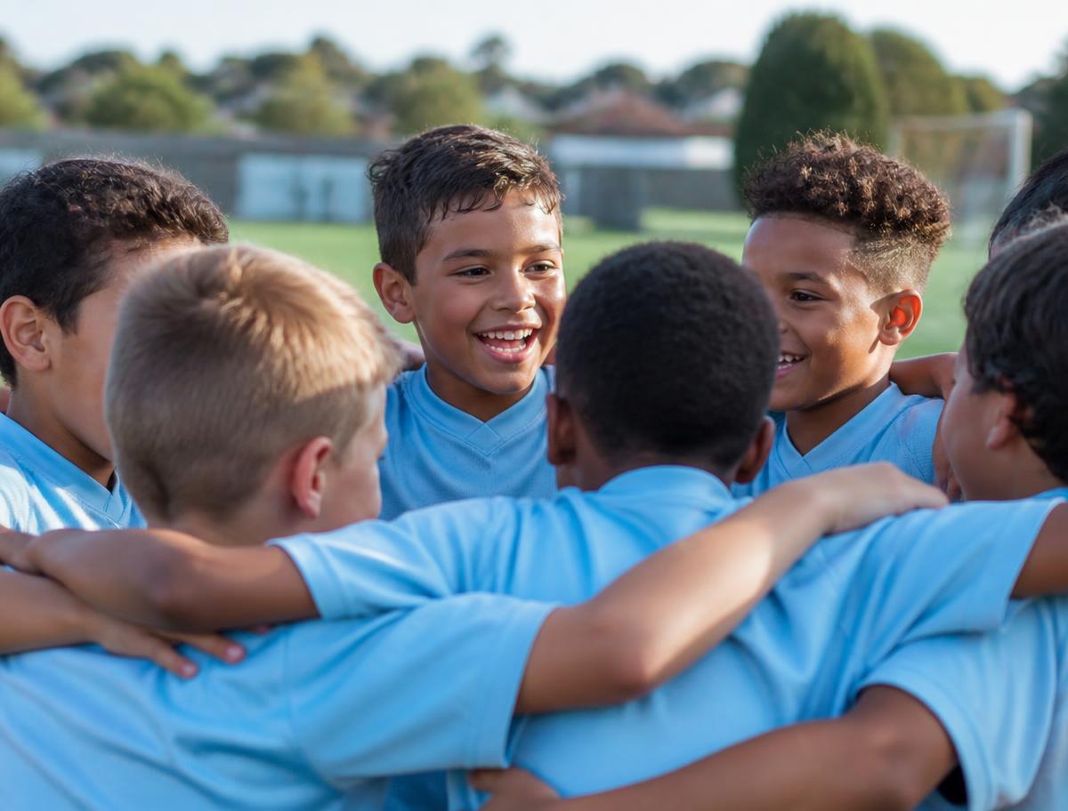 Compañeros de un equipo infantil abrazados en la cancha