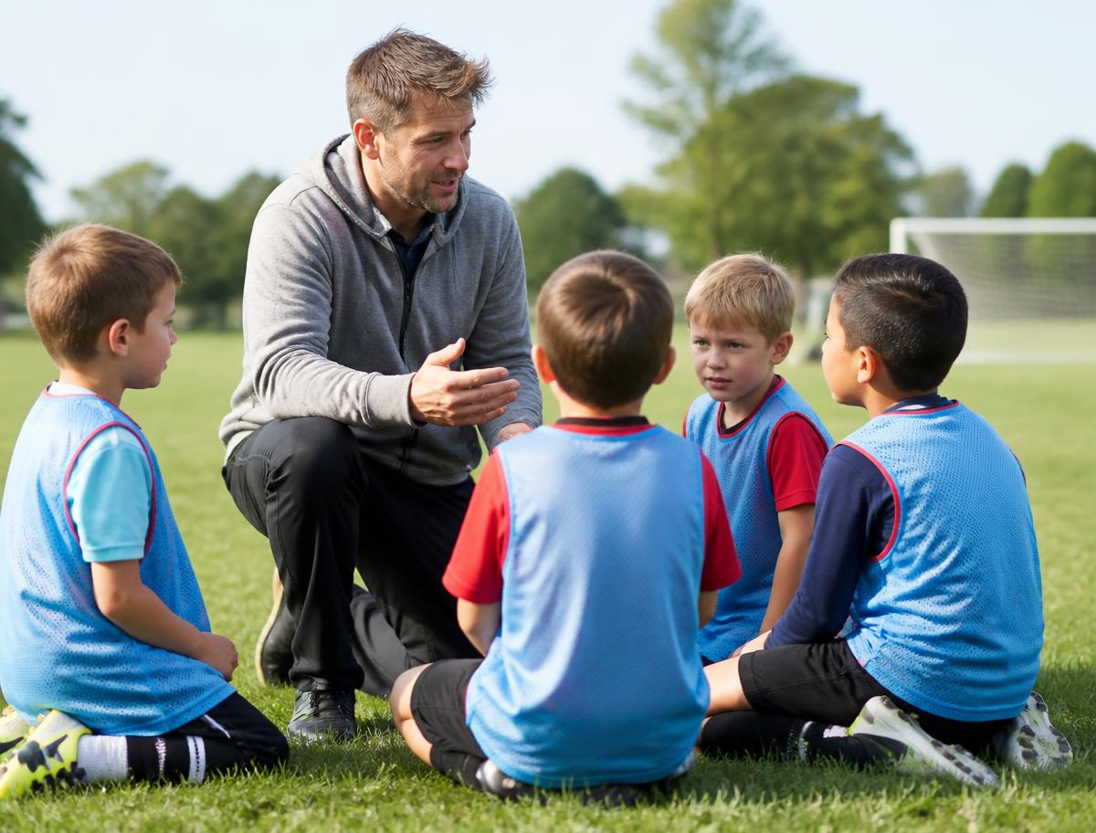 Formador conversando con un grupo de chicos en el campo de juego
