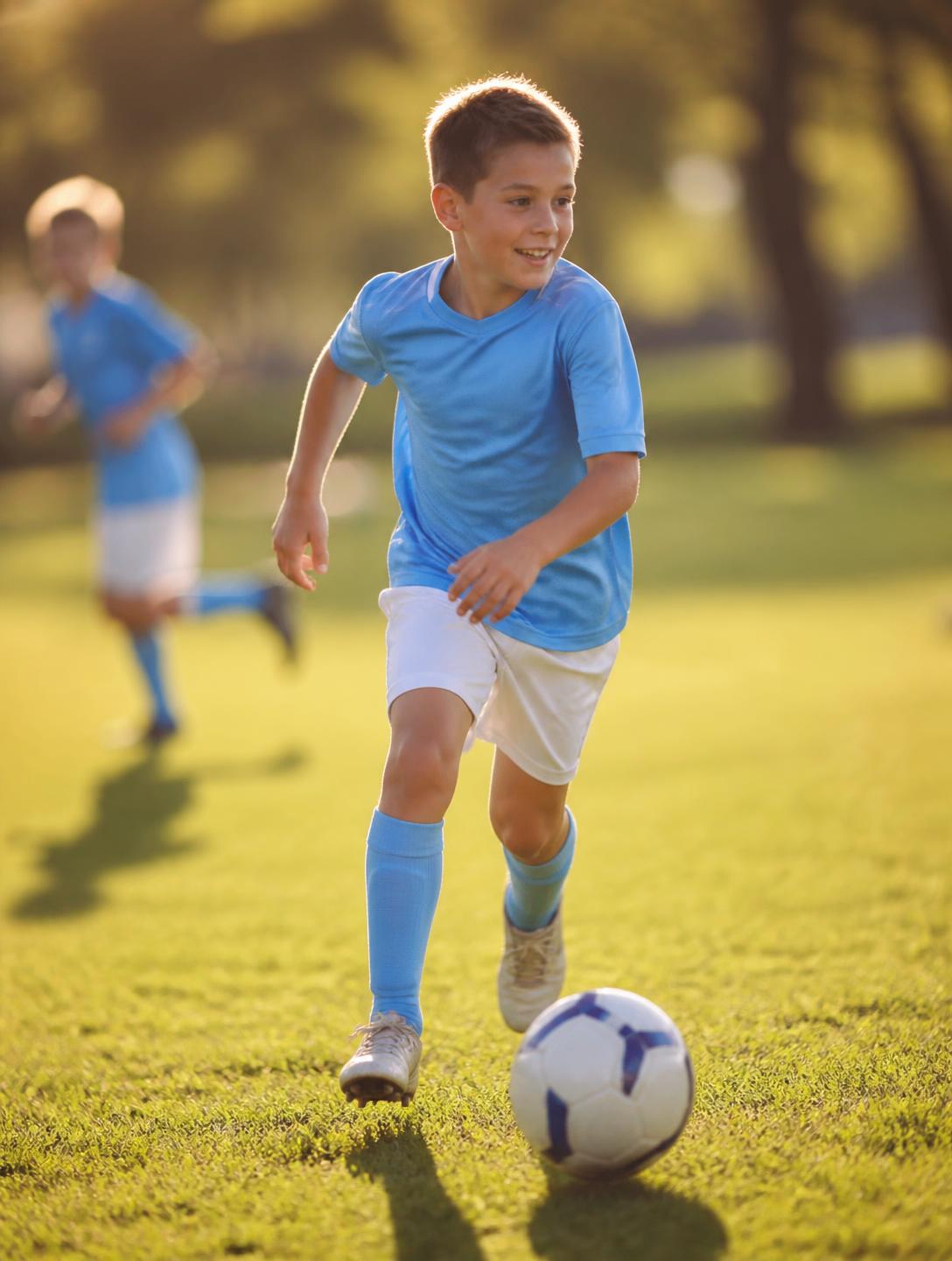 Niño con camiseta celeste jugando al fútbol